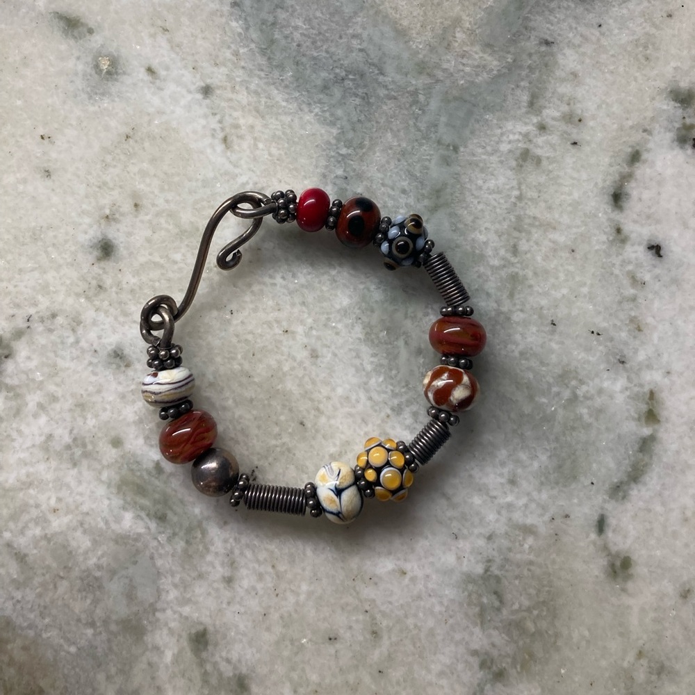 Handmade Artisan Red/Yellow/Blue Glass Beaded Bracelet - Picture 5 of 5